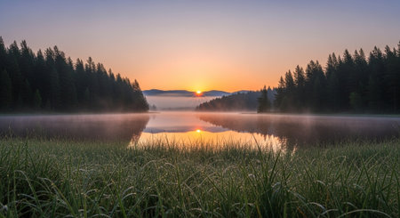 Sunrise on a foggy lake in the Carpathian mountains
