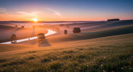 Sunrise over the meadow with trees and fog in the morning