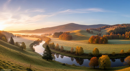 Panoramic view of autumn landscape with trees and river at sunset
