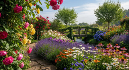Flower garden with colorful flowers and wooden bridge in the background.の写真素材