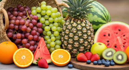 Variety of fresh fruits on wooden table. Healthy eating concept.