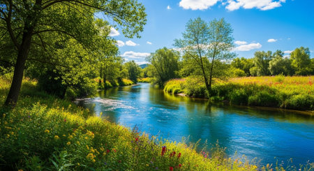 Beautiful spring landscape with a small river and green trees on a sunny day