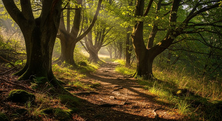 Sunlight in a green forest in the morning, England, UK