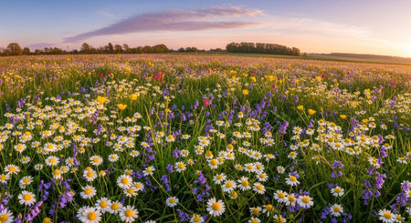 Sunset over a meadow with wildflowers, panorama