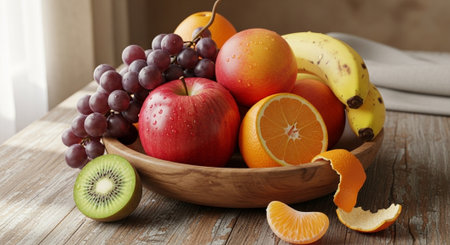 Bowl with different fruits on wooden table, closeup. Healthy food