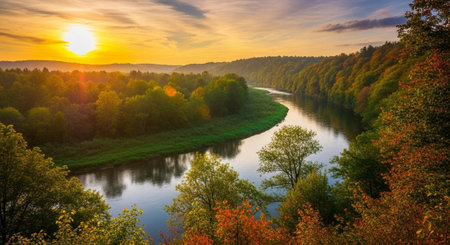 Panoramic view of the river in the autumn forest at sunsetの写真素材