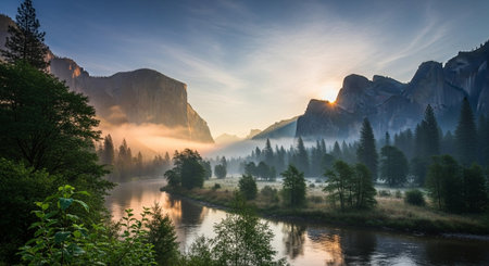 Yosemite National Park, California, United States. Panoramic view of Yosemite Valley during sunrise.