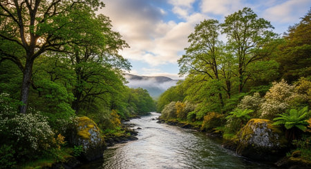 Beautiful panoramic view of a river flowing through a scenic forest