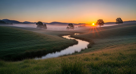 Sunrise over a meadow with trees and a river in the backgroundの写真素材