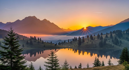 Sunrise over the lake in the mountains