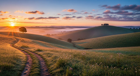 Sunrise over the rolling hills of Tuscany, Italy.