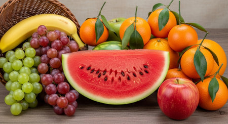 Variety of fruits including apples, grapes, oranges, bananas and watermelon