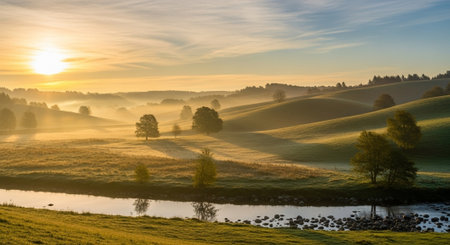 Sunrise over a meadow with trees and a small river in the foreground
