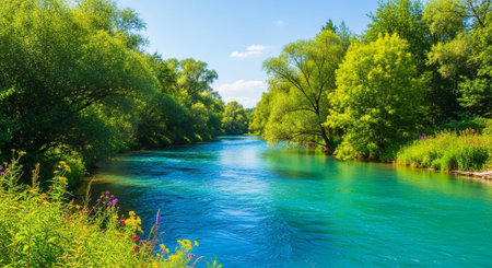 Landscape with river, trees and blue sky. Nature composition.の写真素材