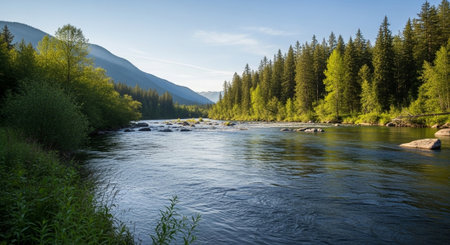 Panorama of the mountain river in the summer in the Altai Republic