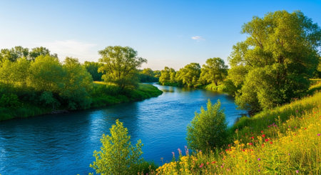 Panoramic view of the river. Spring landscape. Panorama.