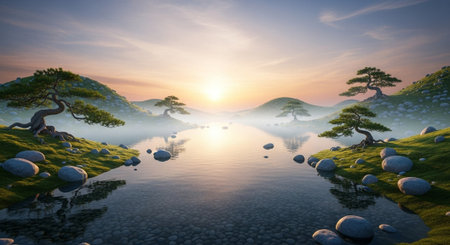 bonsai on the lake at sunset 3d render