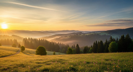 Panoramic view of foggy morning in Carpathian mountains