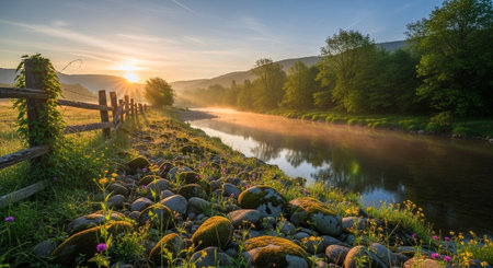 Beautiful sunrise over the river in the morning. Carpathians, Ukraine