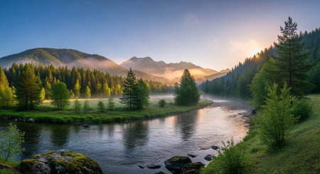 Mountain river in the morning. Beautiful summer landscape. Carpathians, Ukraine, Europe.の写真素材