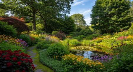Garden in springtime with a pond and flowers in the foreground