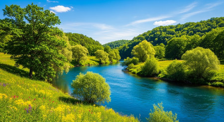Beautiful spring landscape with the river and green trees on a sunny day