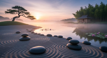 Zen garden with a lake and a tree in the background at sunrise