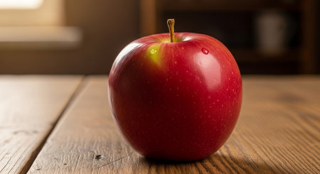 Red apple on a wooden table. Close-up. Selective focus.