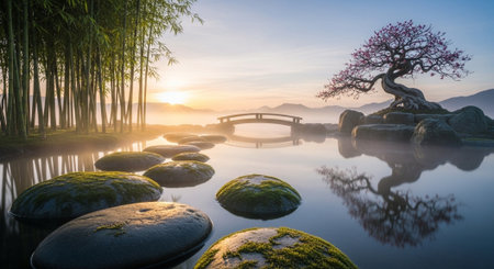 Bonsai tree and bamboo bridge in the lake at sunrise.