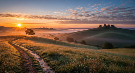 Sunrise in the hills with fog and dirt road