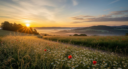 Sunrise over a meadow with poppies in the foreground