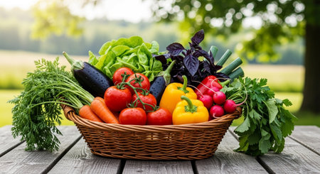 Fresh vegetables in a basket on a wooden table in the garden.