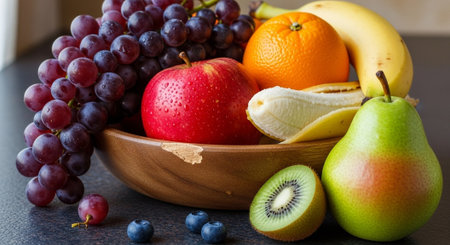 Fruits in a wooden bowl on a black background. Healthy food.