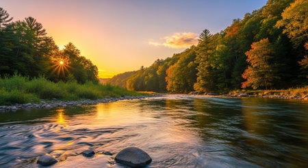 Panoramic view of the mountain river at sunset. Beautiful summer landscape.