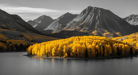 panoramic view of alpine lake with yellow aspen trees