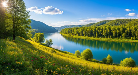 Beautiful spring landscape with a lake in the mountains. Panorama