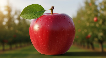 Red apple with leaf on the garden background. 3d illustration.