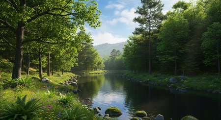 Beautiful spring landscape in the park with a small river and green trees