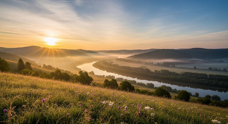 Foggy sunrise over the river. Beautiful summer landscape in the mountains.