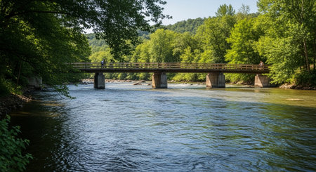 Bridge over the river in the forest on a sunny summer day.