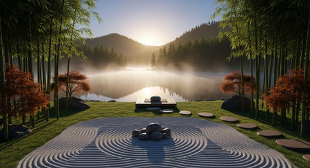 3d render of a bamboo garden at sunset with a lake in the background