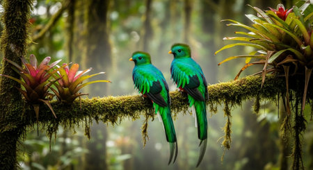 Two turquoise parrots in the rainforest of Costa Rica