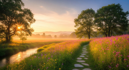 Sunrise over a misty meadow with pink flowers and treesの写真素材