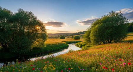 Sunset over a meadow with poppies and willowsの写真素材