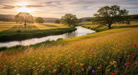 Panoramic view of a meadow with poppies and cornflowers at sunset