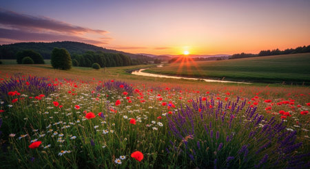 Sunset over a meadow with poppies and wildflowers