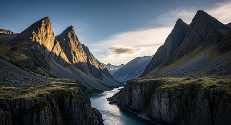 Panoramic view of fjord and mountains in Norway.の写真素材