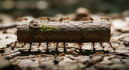 Group of ants walking on log in the forest, teamwork concept.の写真素材