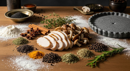 Variety of spices and herbs on wooden background. Selective focus.の写真素材