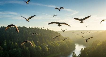 Flying seagulls over the river at sunrise. Nature composition.の写真素材